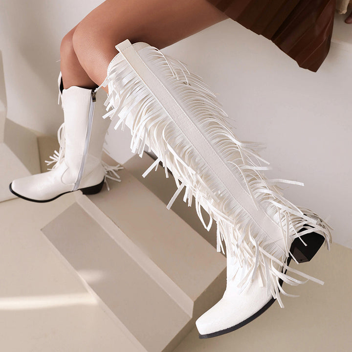 Block heels knee high fringe boots