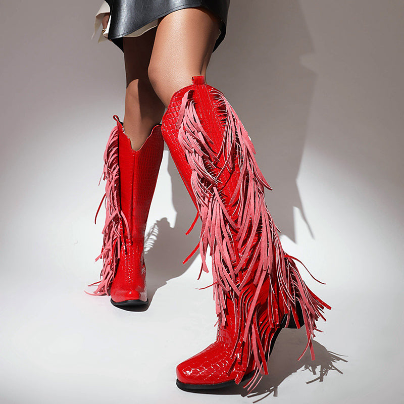 Block heels knee high fringe boots