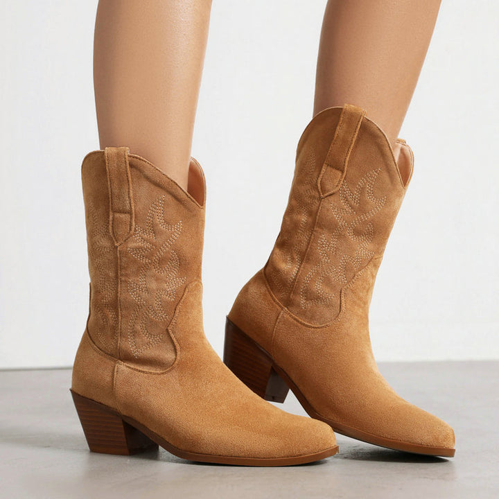 Block heels mid calf cowboy boots