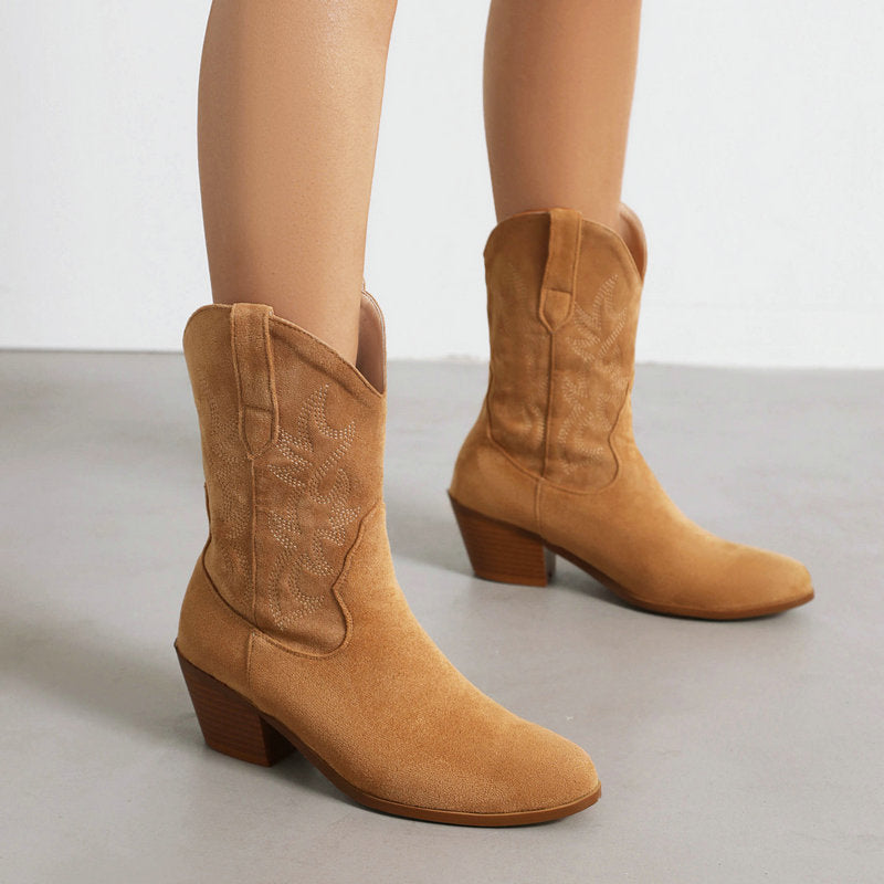 Block heels mid calf cowboy boots