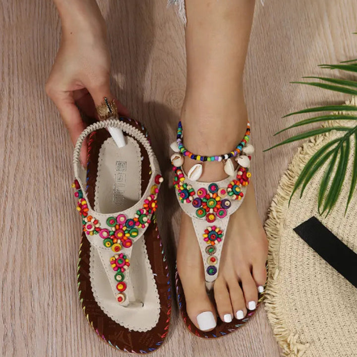 Boho beach colorful bead slip on flat sandals