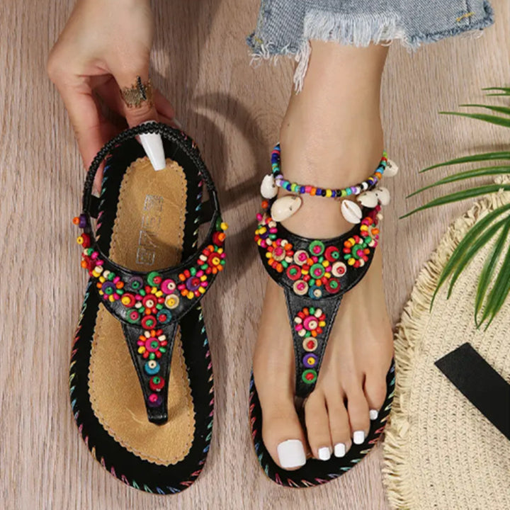 Boho beach colorful bead slip on flat sandals