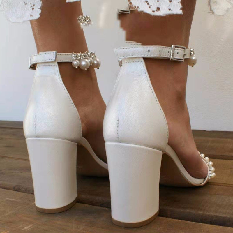 Chunky heel wedding sandals bridal peep toe white rhinestone sandals