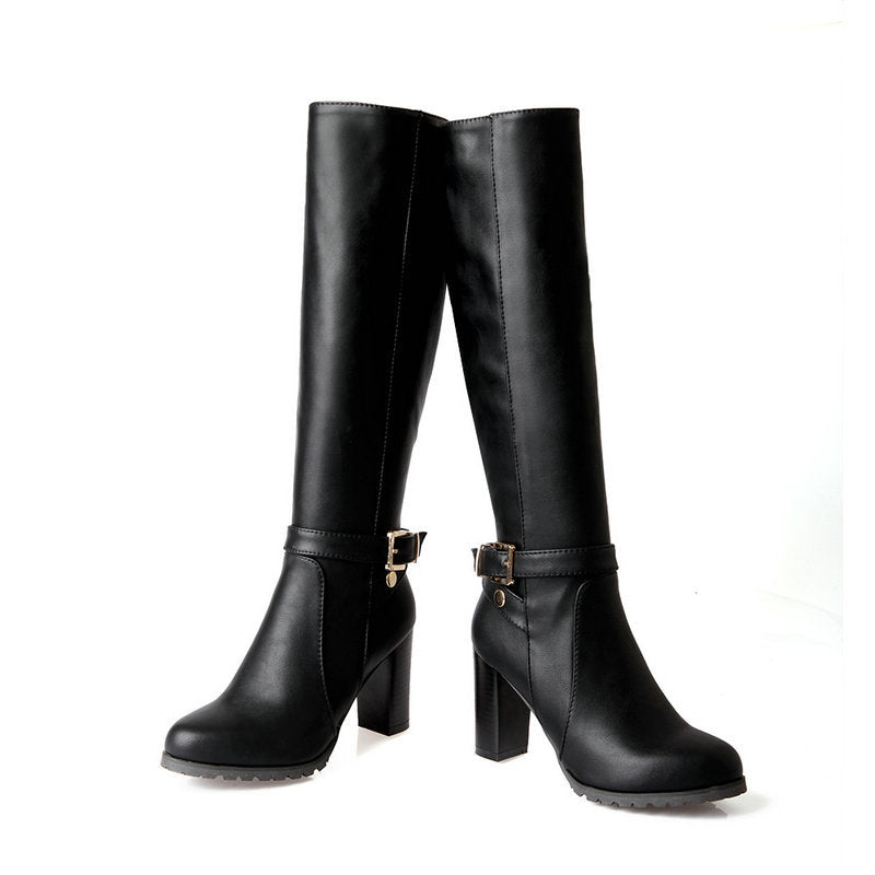 Chunky high heels knee high boots with buckle strap