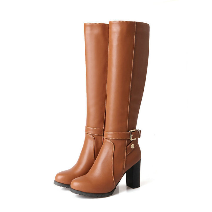 Chunky high heels knee high boots with buckle strap