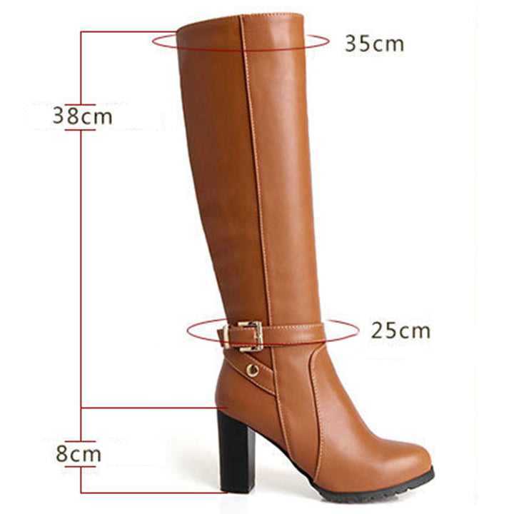 Chunky high heels knee high boots with buckle strap