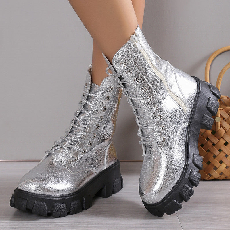 Chunky platform mid calf combat boots