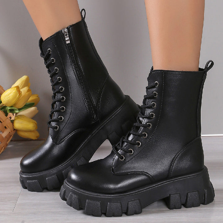 Chunky platform mid calf combat boots