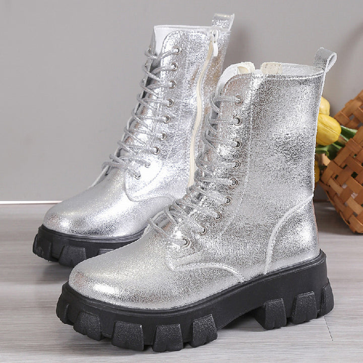 Chunky platform mid calf combat boots