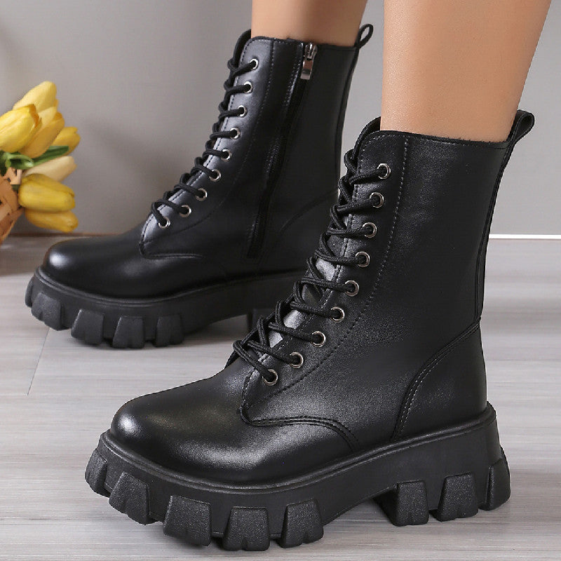 Chunky platform mid calf combat boots