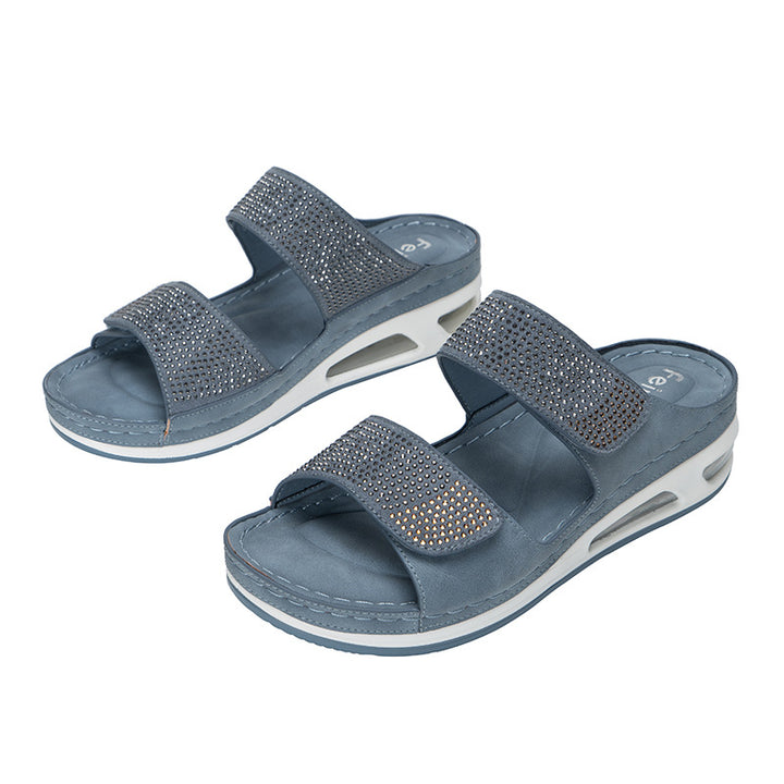 Comfortable cushion slide sandals rhinestone two strap wedge sandals
