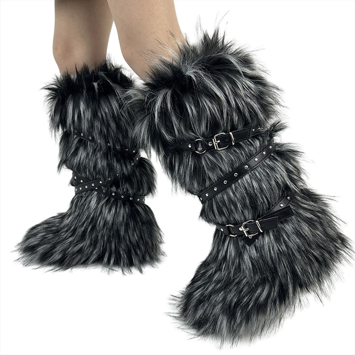 Criss cross belt buckle furry knee high snow boots