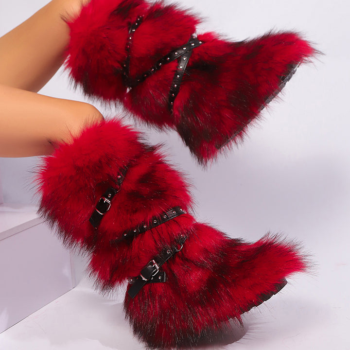 Criss cross belt buckle furry knee high snow boots