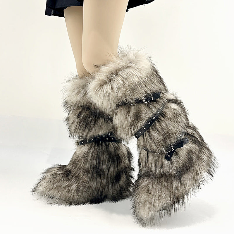 Criss cross belt buckle furry knee high snow boots