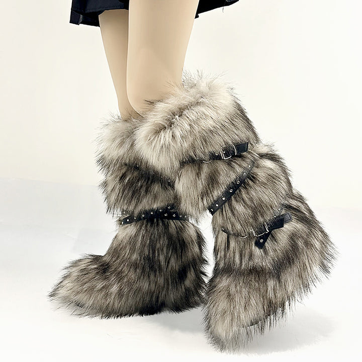 Criss cross belt buckle furry knee high snow boots