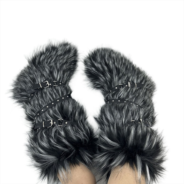 black Criss cross belt buckle furry knee high snow boots