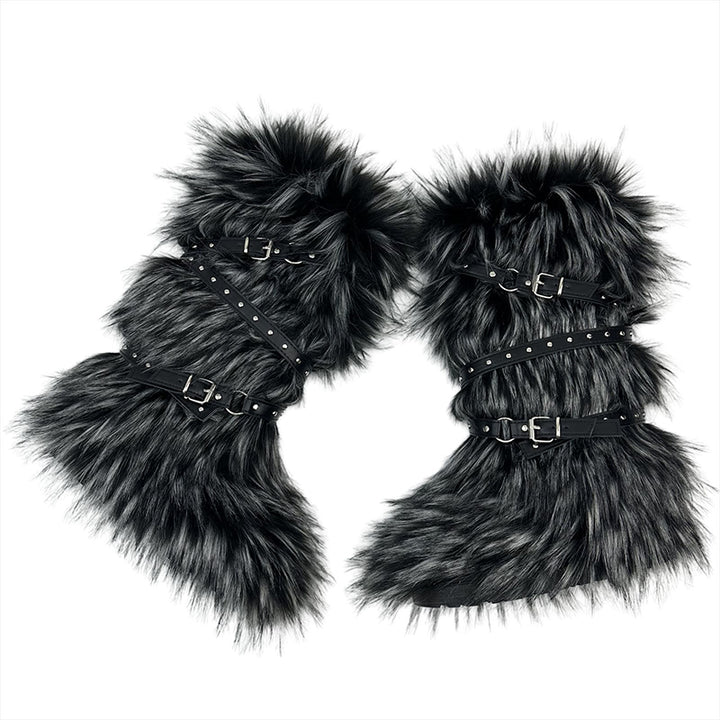 black Criss cross belt buckle furry knee high snow boots