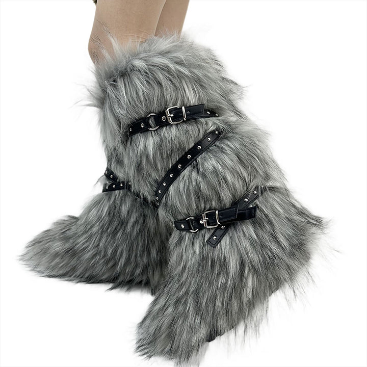 gray Criss cross belt buckle furry knee high snow boots