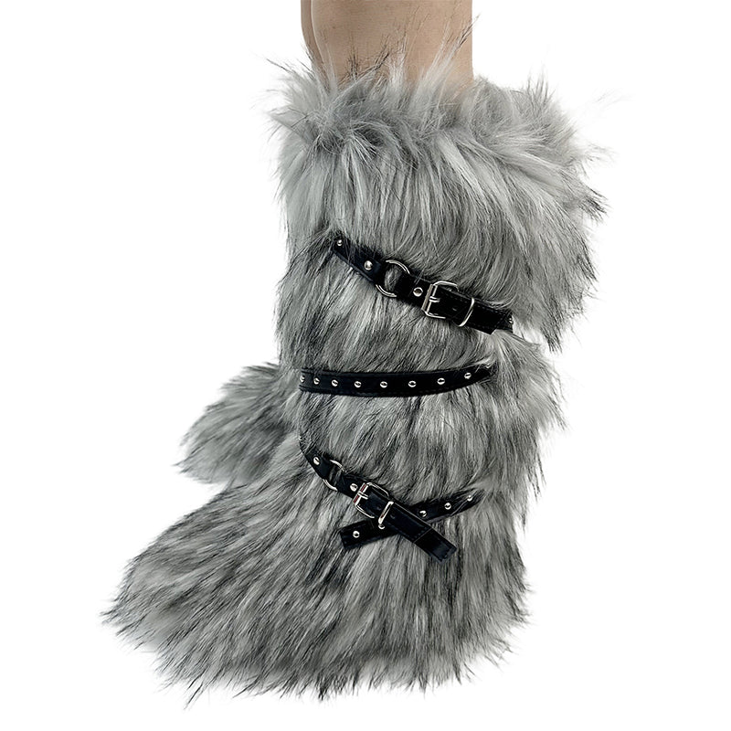 gray Criss cross belt buckle furry knee high snow boots