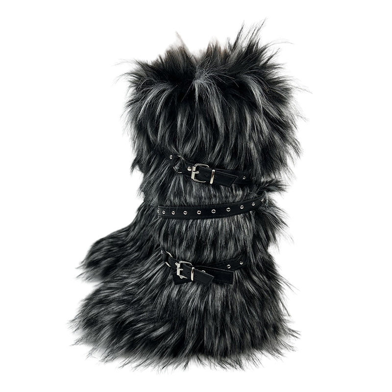 black Criss cross belt buckle furry knee high snow boots