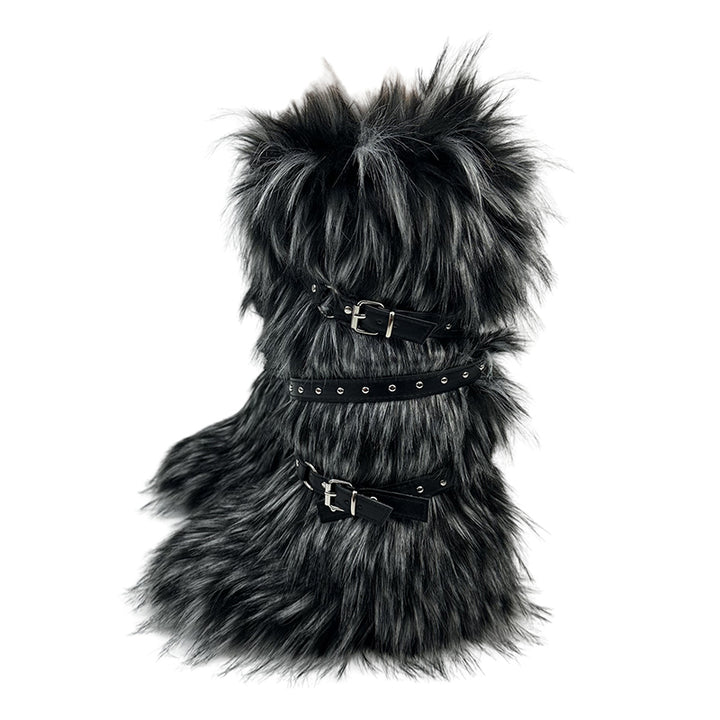 black Criss cross belt buckle furry knee high snow boots