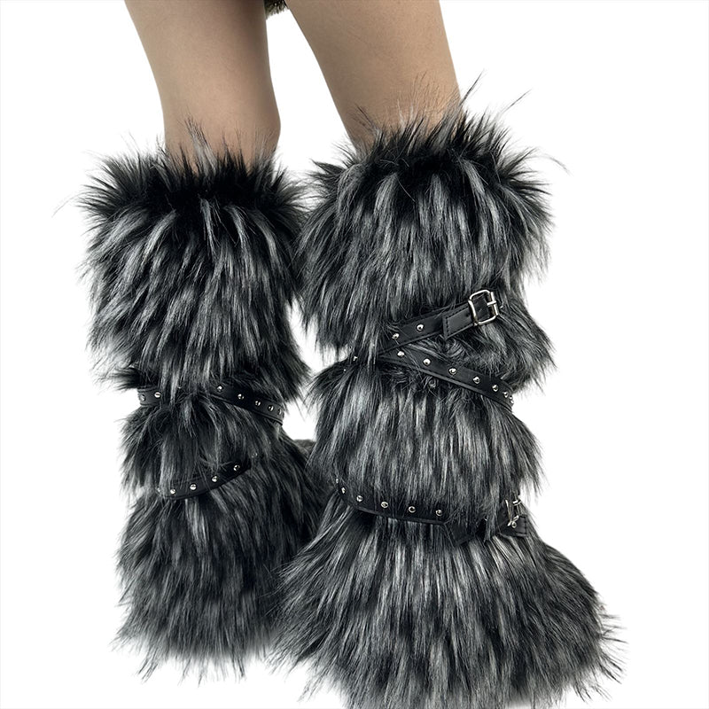 black Criss cross belt buckle furry knee high snow boots