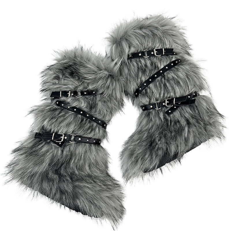 gray Criss cross belt buckle furry knee high snow boots