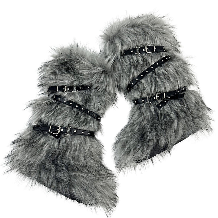 gray Criss cross belt buckle furry knee high snow boots