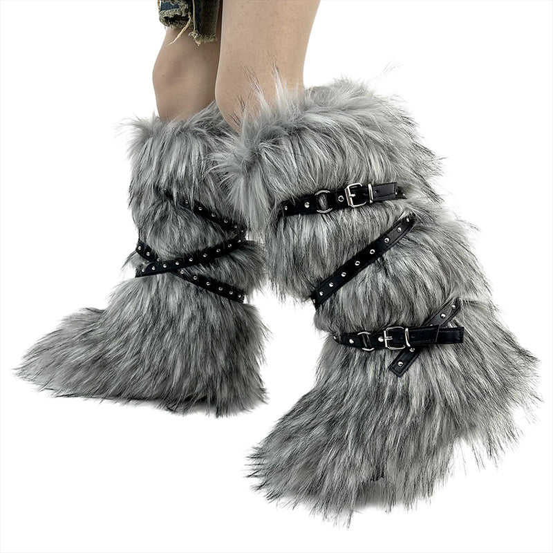 Criss cross belt buckle furry knee high snow boots