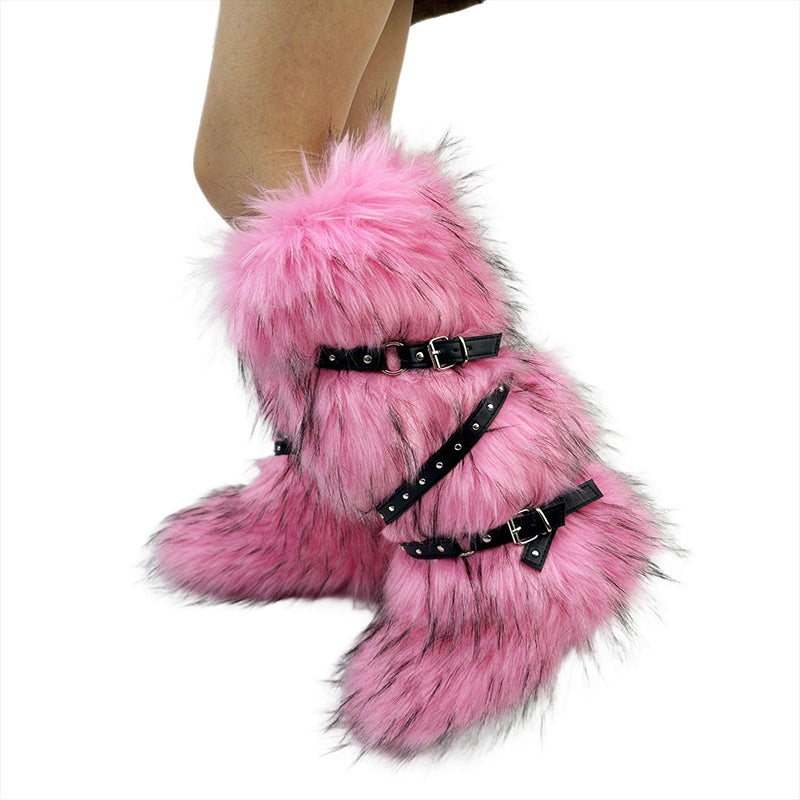 pink Criss cross belt buckle furry knee high snow boots