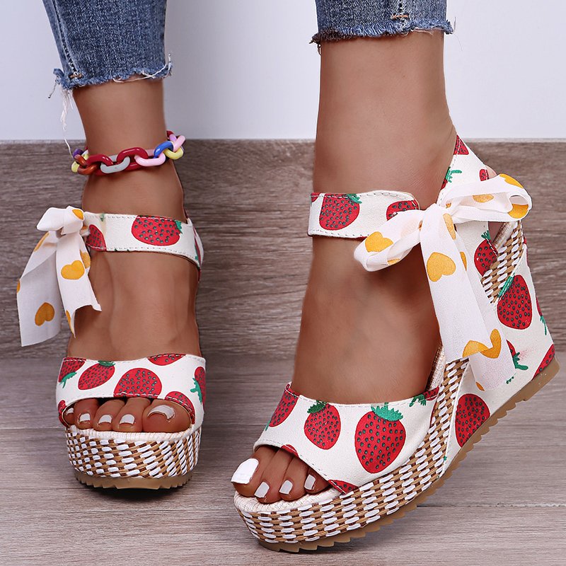 Cute bowknot platform sandals lace up peep toe wedge sandals