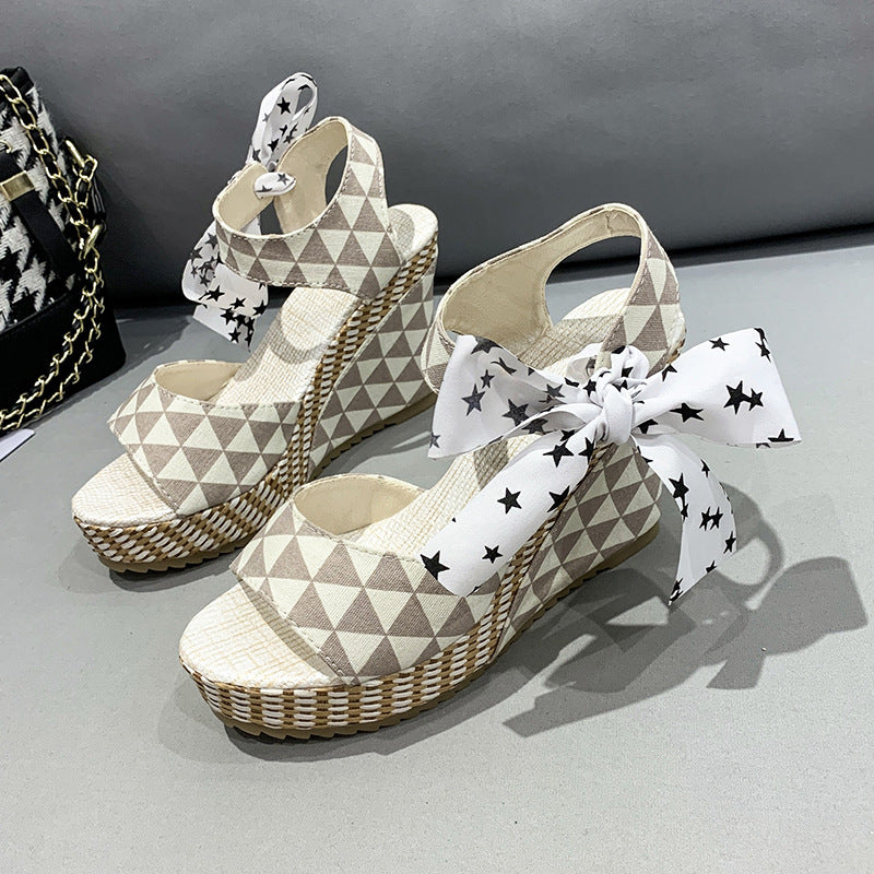 Cute bowknot platform sandals lace up peep toe wedge sandals