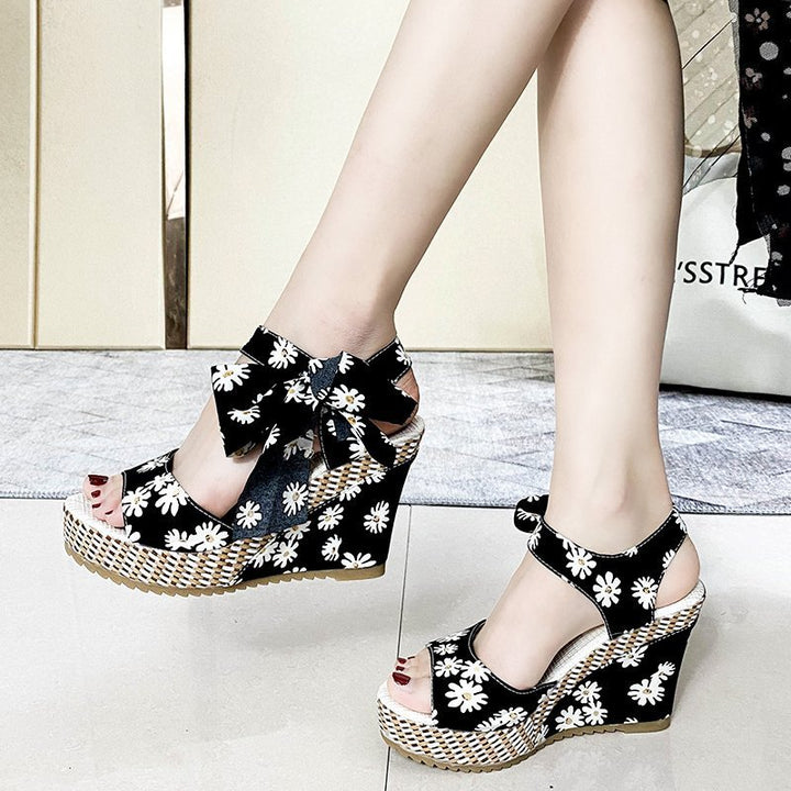 Cute bowknot platform sandals lace up peep toe wedge sandals