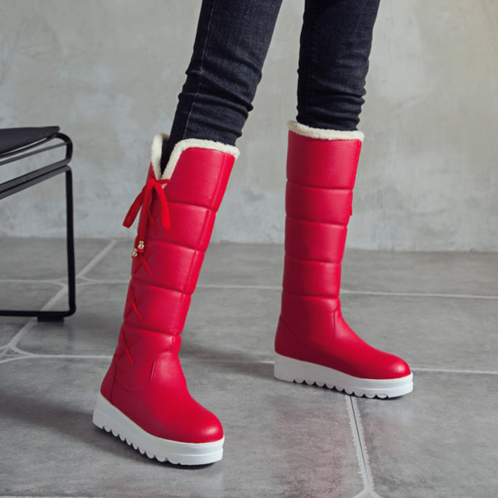 red Cute side tie-up long warm boots for winter