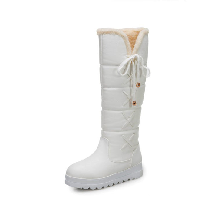 white Cute side tie-up long warm boots for winter