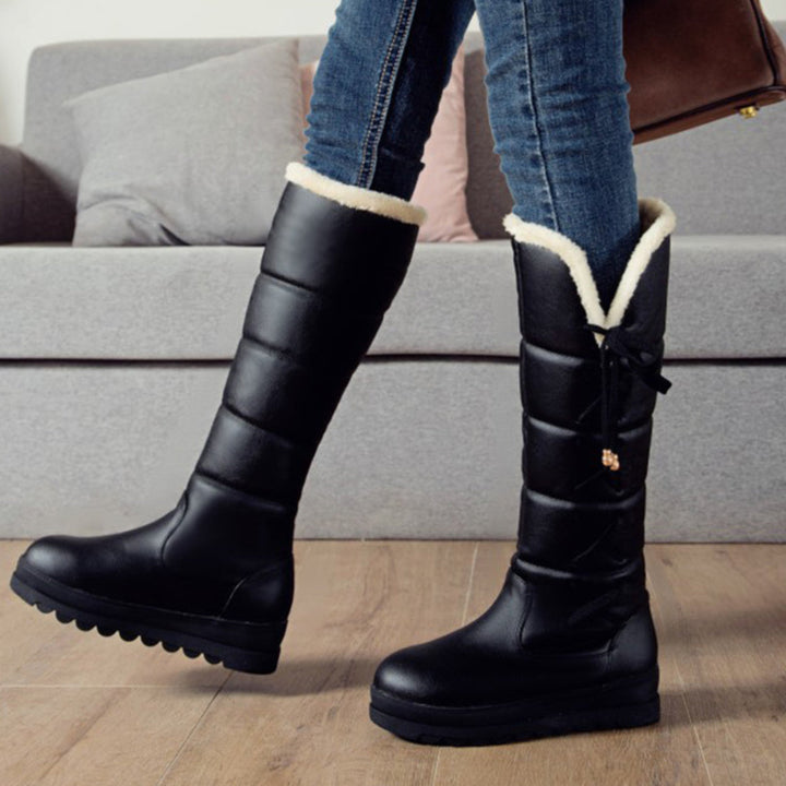 black Cute side tie-up long warm boots for winter