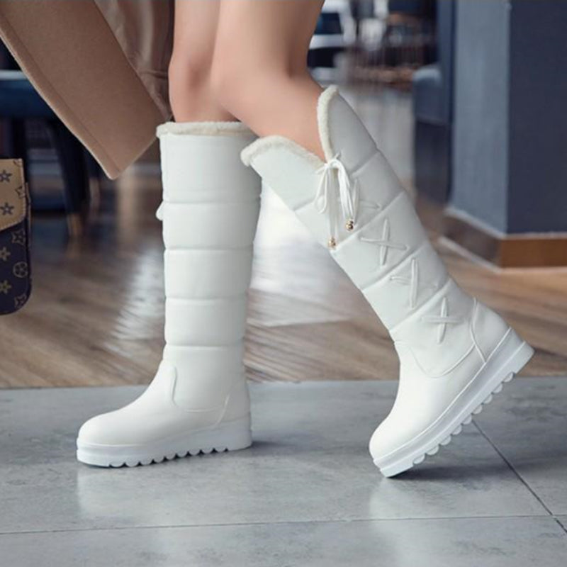 white Cute side tie-up long warm boots for winter