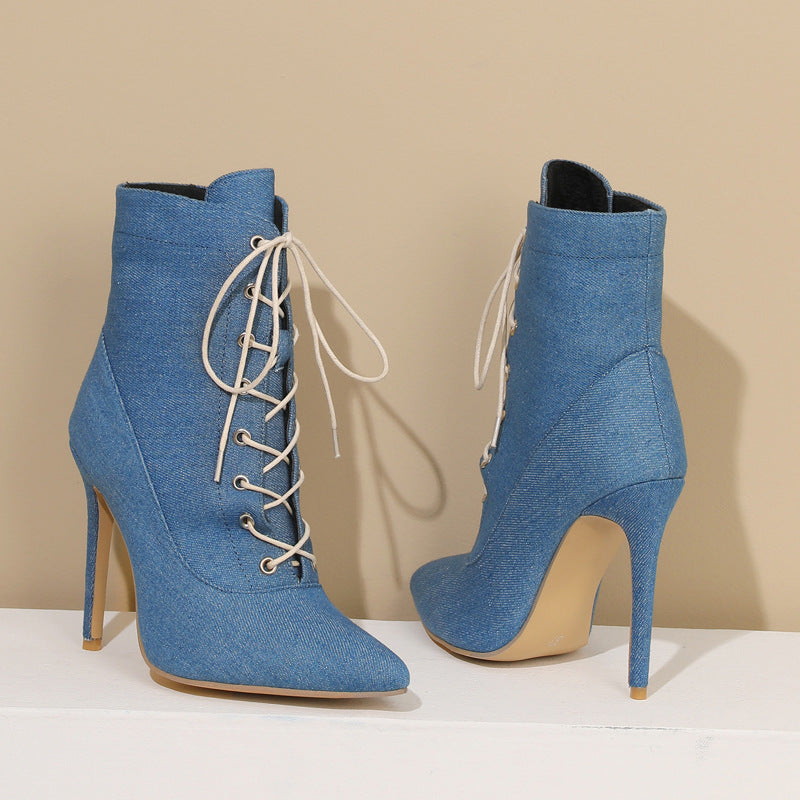 Denim stiletto heels lace-up booties with pointed toe