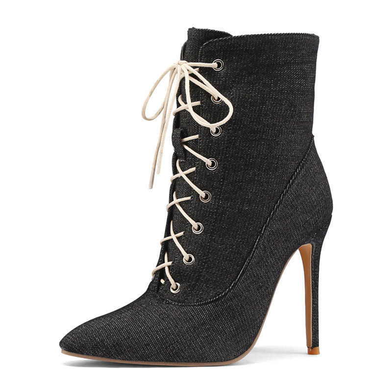 Denim stiletto heels lace-up booties with pointed toe