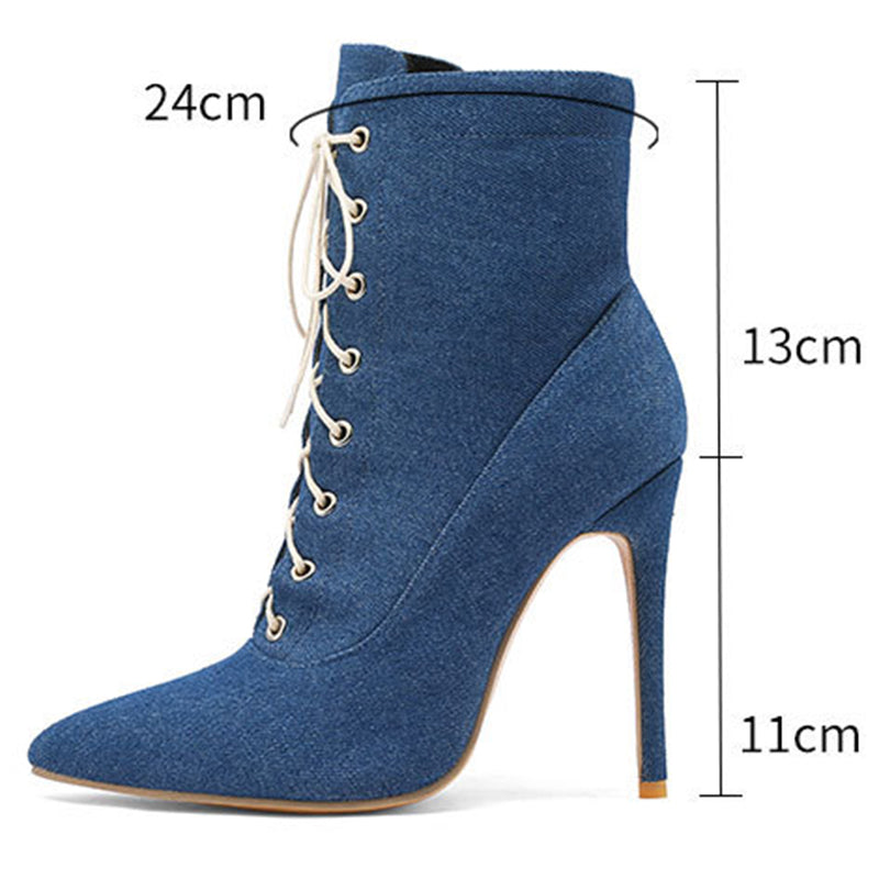 Denim stiletto heels lace-up booties with pointed toe