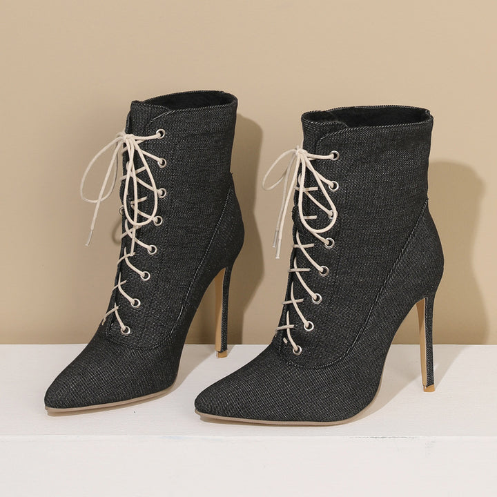 Denim stiletto heels lace-up booties with pointed toe