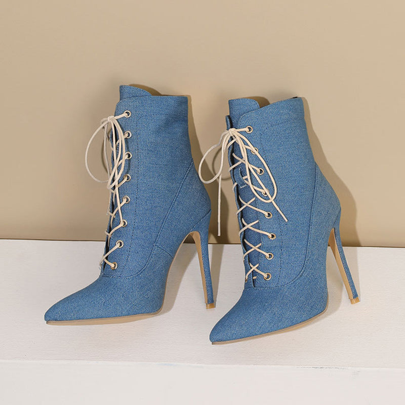 Denim stiletto heels lace-up booties with pointed toe