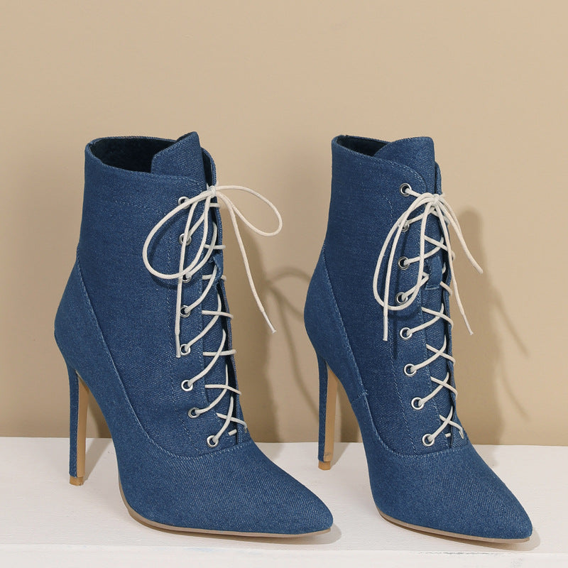 Denim stiletto heels lace-up booties with pointed toe