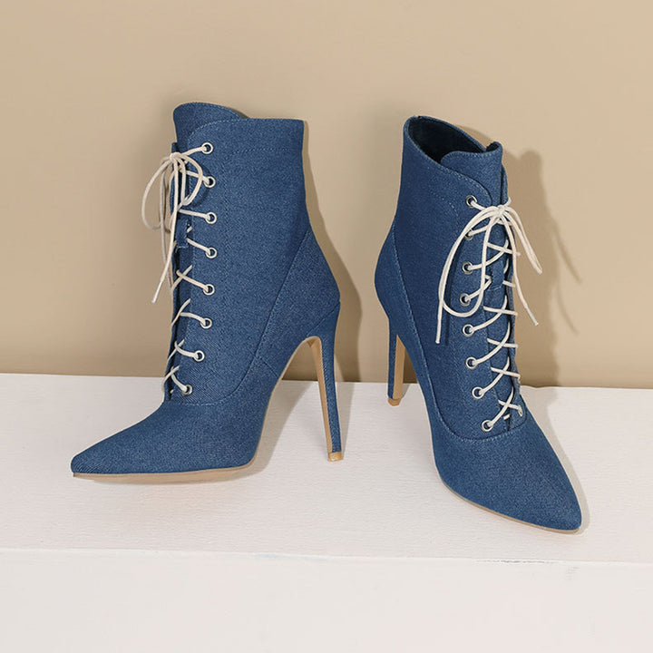 Denim stiletto heels lace-up booties with pointed toe