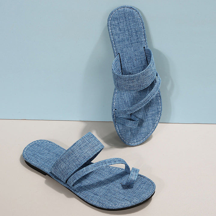 Denim toe ring slide sandals solid color slip on flat sandals