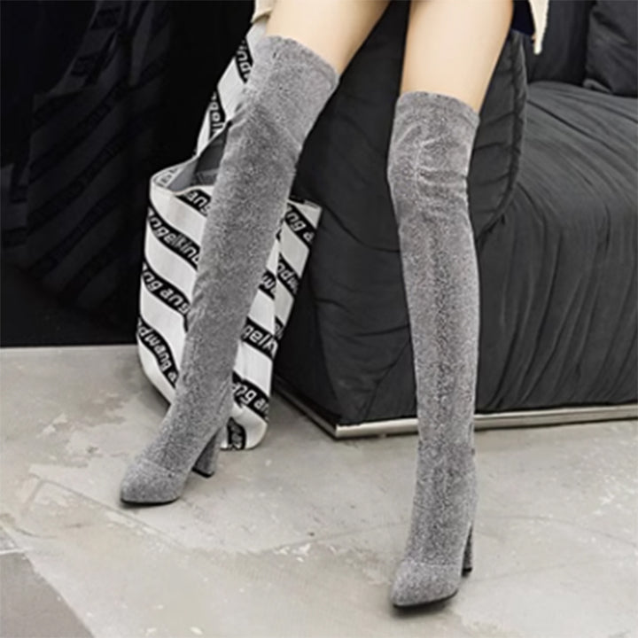 Elastic chunky heels thigh boots pointed toe