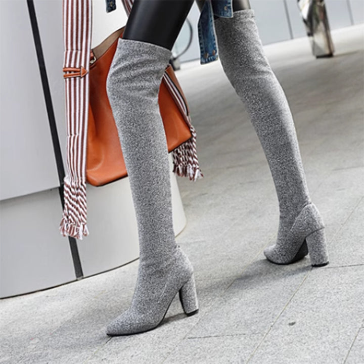 Elastic chunky heels thigh boots pointed toe