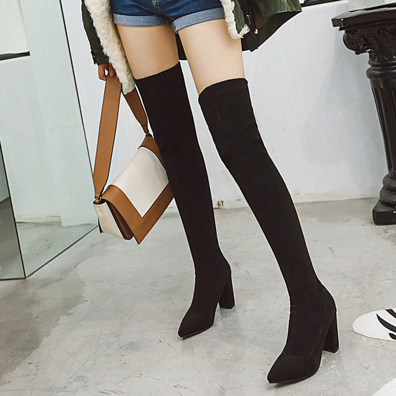 Elastic chunky heels thigh boots pointed toe