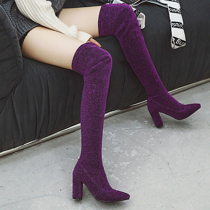 Elastic chunky heels thigh boots pointed toe