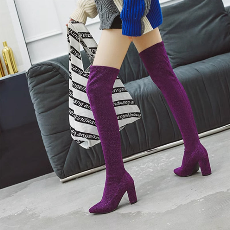 Elastic chunky heels thigh boots pointed toe